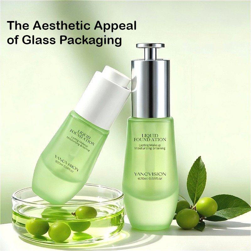 glass_packaging_aesthetics: High-end cosmetic glass packaging display with minimalist design, featuring square serum bottles, cylindrical cream jars, and spray bottles on a luxury retail counter, enhancing brand visual identity and shelf appeal.