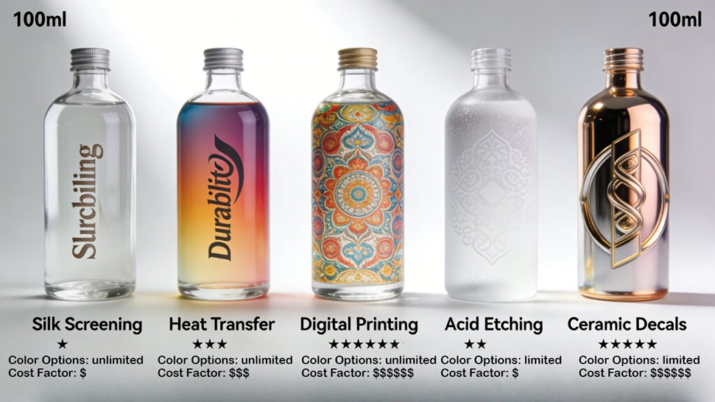 Side-by-side comparison of five glass printing techniques—silk screening, heat transfer, digital printing, acid etching, and ceramic decals—showing durability, color vibrancy, and texture differences
