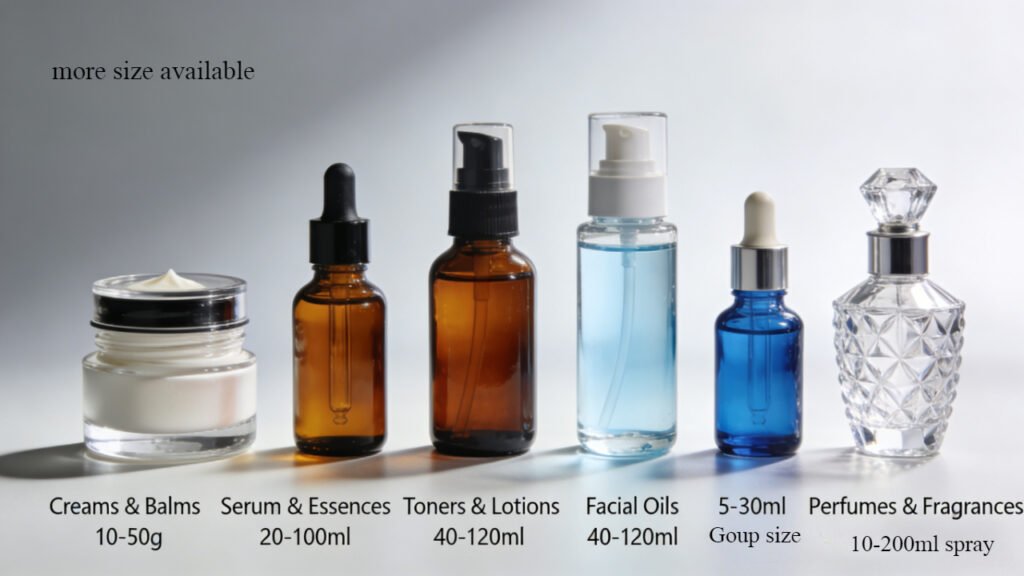 Assortment of cosmetic glass bottles for different applications—cream jars (10-50g), serum dropper bottles (20-100ml), toner flip-top bottles (40-120ml), facial oil amber bottles (5-30ml), and perfume spray bottles (30-100ml)