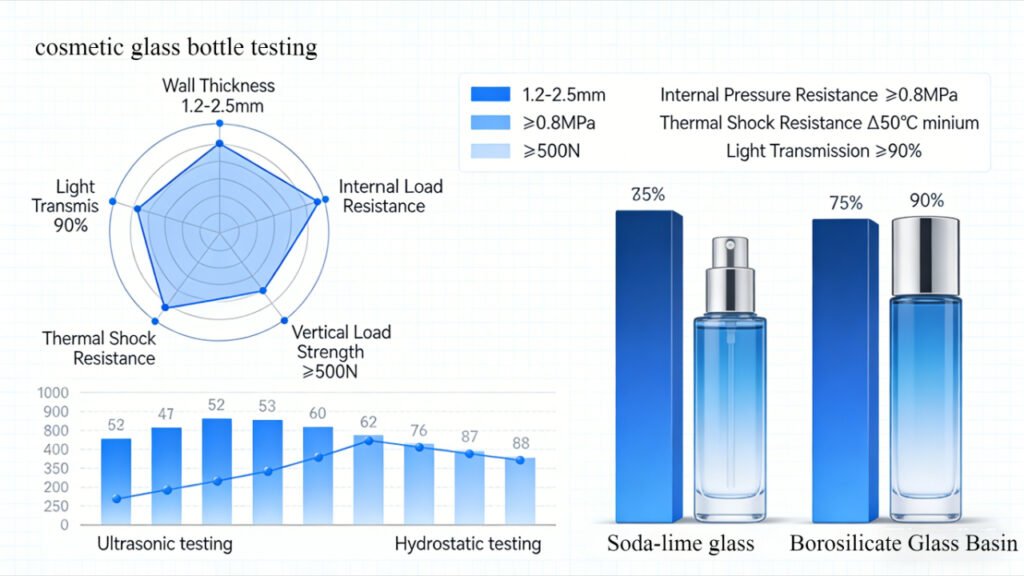 Bar chart visualizing key technical specifications of cosmetic glass bottles, including wall thickness (1.2-2.5mm), internal pressure resistance (≥0.8MPa), vertical load strength (≥500N), and thermal shock resistance (Δ50°C minimum)