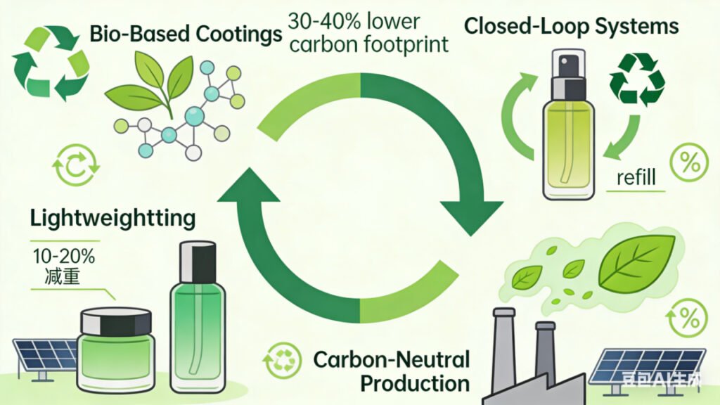Conceptual image of sustainable cosmetic glass packaging innovations, featuring lightweight bottles, closed-loop refill systems, bio-based coatings, and carbon-neutral production symbols