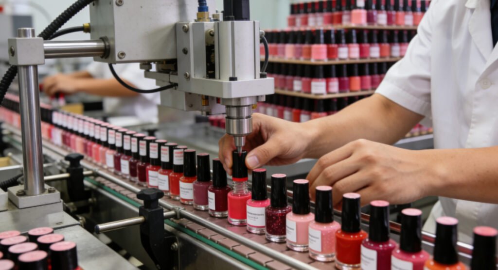 Mass production line of standard nail polish glass bottles meeting 3000-unit minimum order quantity (MOQ) at a cosmetic packaging factory