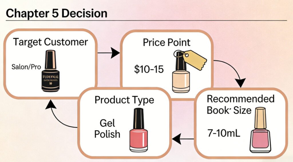 Decision flow chart for cosmetic brands to select the right nail polish glass bottle size based on target customer, price point, and product type (regular/gel/special effect polish