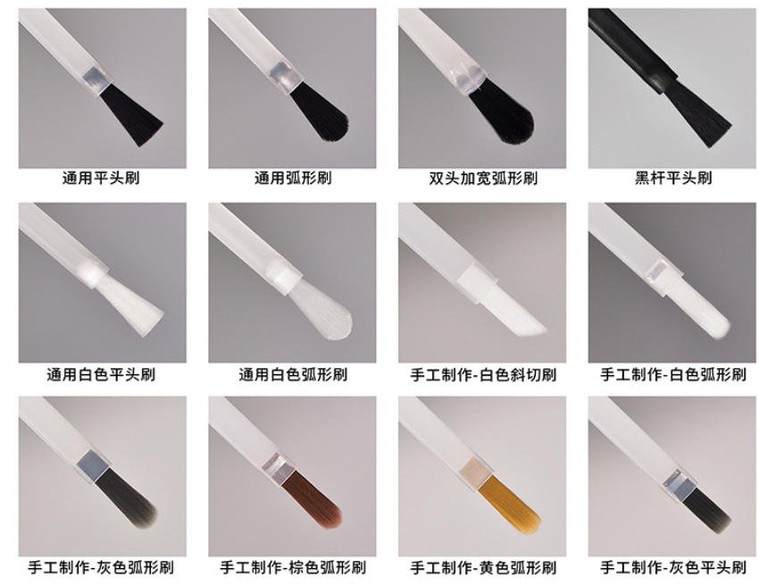 Close-up of nail polish brushes in different sizes matching the neck openings of small and large cosmetic glass bottles for smooth application