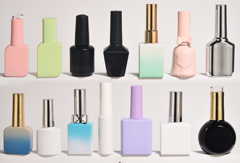 Comparison of custom-shaped nail polish glass bottles (square, oval, diamond) and standard round glass bottle for cosmetic brand differentiation