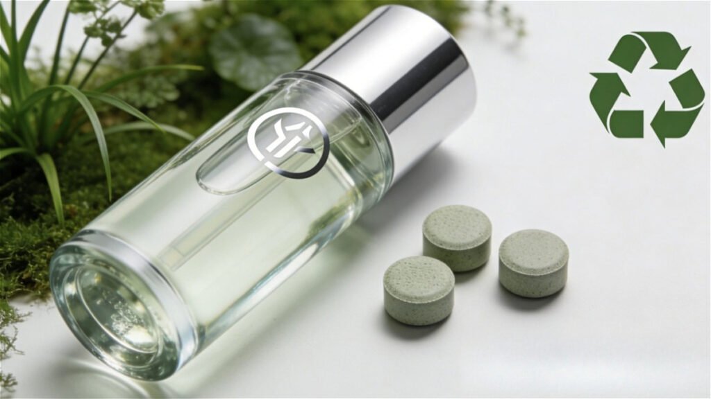 2035 future beauty shelf concept: contrast between traditional disposable plastic packaging and innovative sustainable glass/aluminum refillable bottles with smart labels, digital pop-ups for QR code scanning