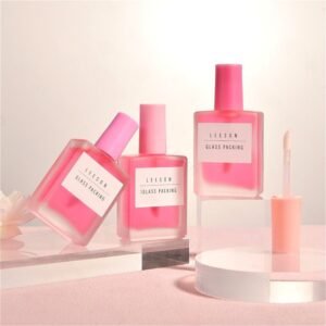Pink frosted square glass lip gloss bottle with brush applicator