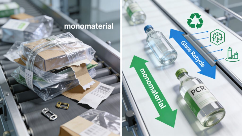 Comparison of packaging recycling processes: complex multi-material packaging vs. easy-to-recycle monomaterial glass/PCR plastic packaging