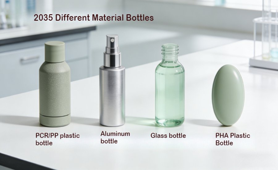 2035 key beauty packaging materials: PCR plastic bottle, aluminum spray can, lightweight reinforced glass bottle, PHA biopolymer capsule