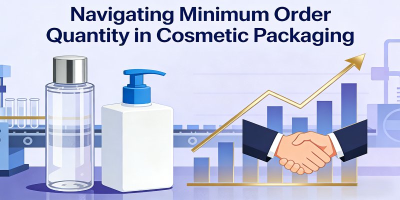 Strategic guide for navigating minimum order quantity (MOQ) in cosmetic packaging manufacturing featuring skincare bottles, lotion jars, and pump packaging production