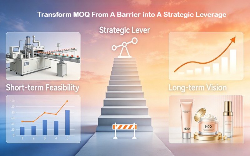 Comparative analysis of MOQ ranges for cosmetic packaging types including standard bottles, custom plastic jars, glass containers, airless pumps, and sustainable skincare packaging
